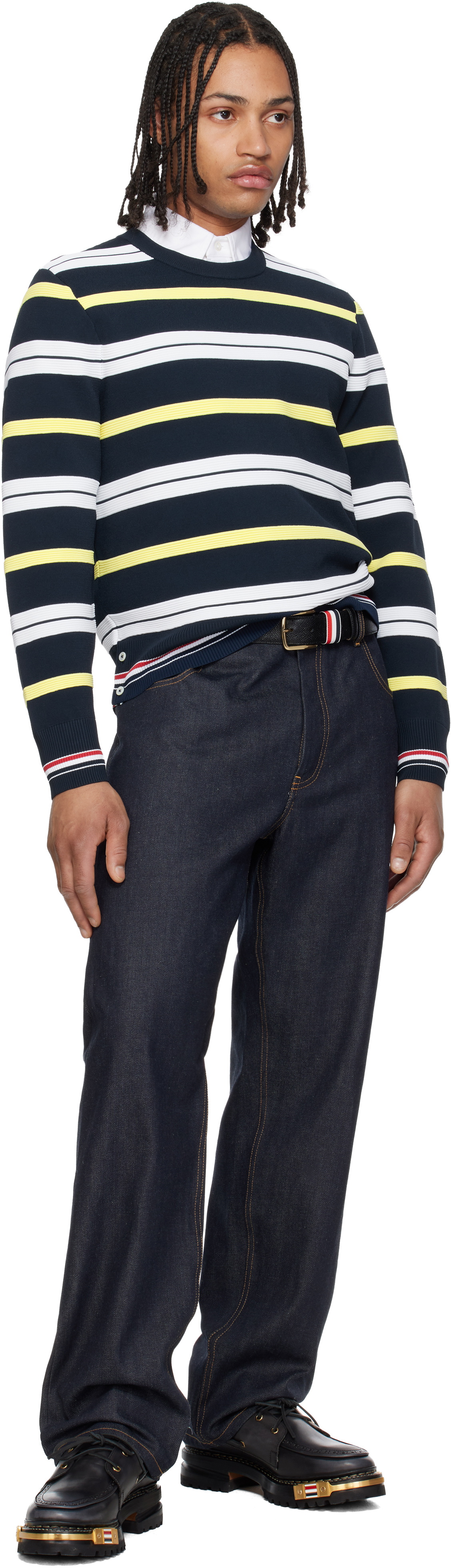 Thom Browne Navy Variegated Rep Stripe Ottoman Stitch Crew Neck Sweater