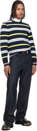 Thom Browne Navy Variegated Rep Stripe Ottoman Stitch Crew Neck Sweater