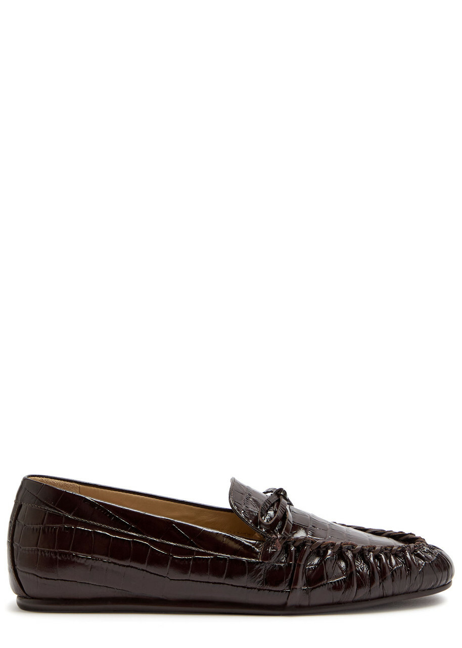 Stuart Weitzman Britt Bow Crocodile-effect Patent Leather Loafers Brown