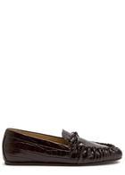 Stuart Weitzman Britt Bow Crocodile-effect Patent Leather Loafers Brown