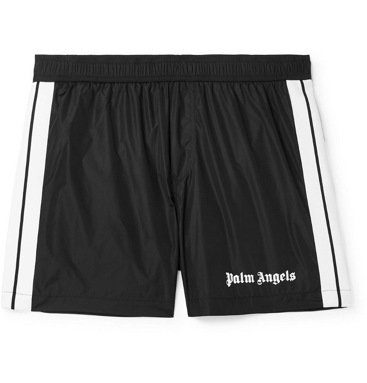 Photo: Palm Angels - Slim-Fit Short-Length Striped Logo-Print Swim Shorts - Black