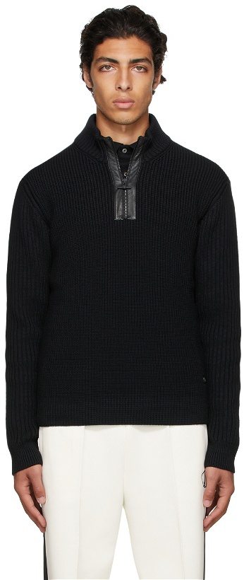 Photo: Dunhill Black Engineered Half-Zip Sweater