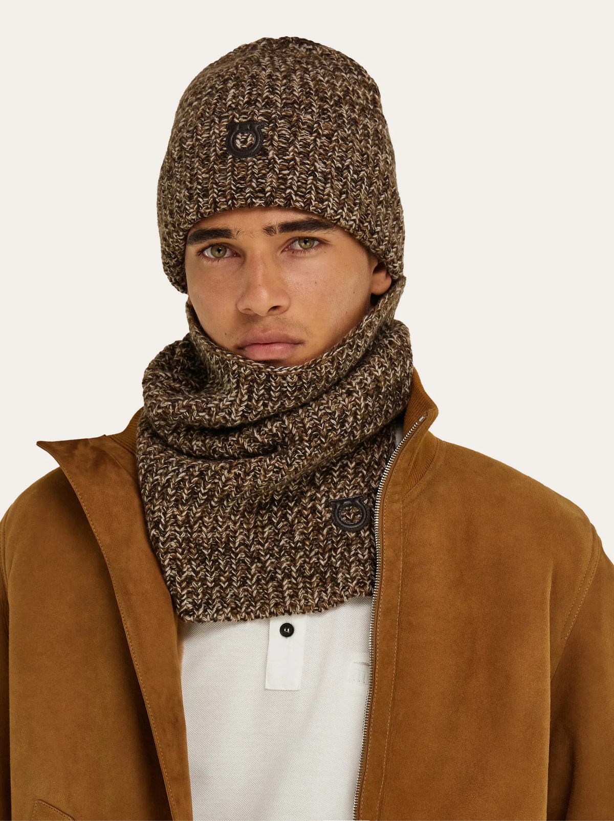 Ferragamo Mens Mouliné Beanie in Brown