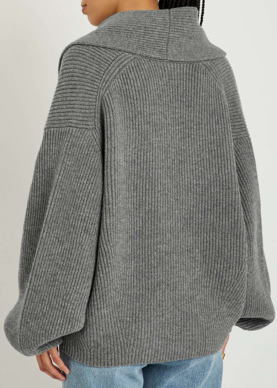 Toteme Shawl Lapel Ribbed Wool-blend Cardigan Grey