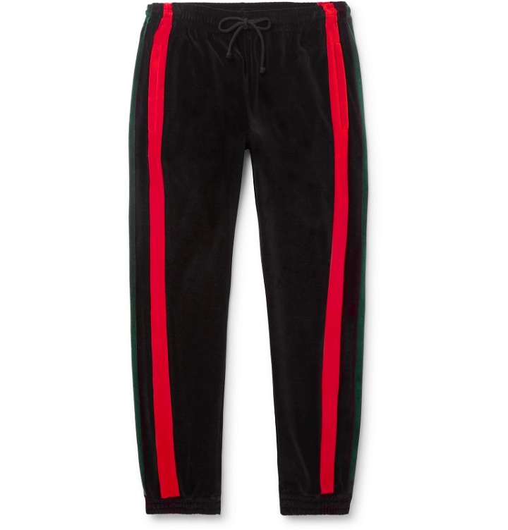 Photo: Gucci - Tapered Striped Cotton-Blend Velour Sweatpants - Black