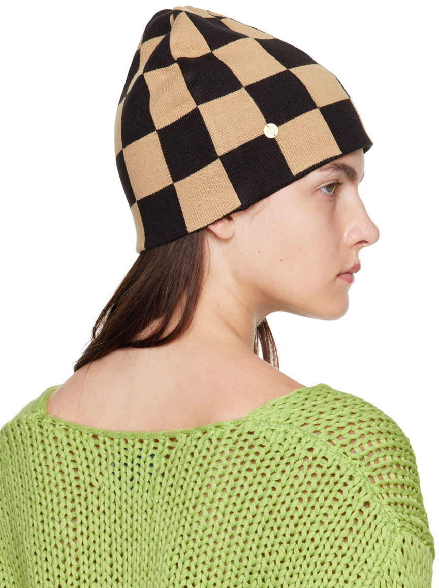OPEN YY Beige & Black Chessboard Check Beanie