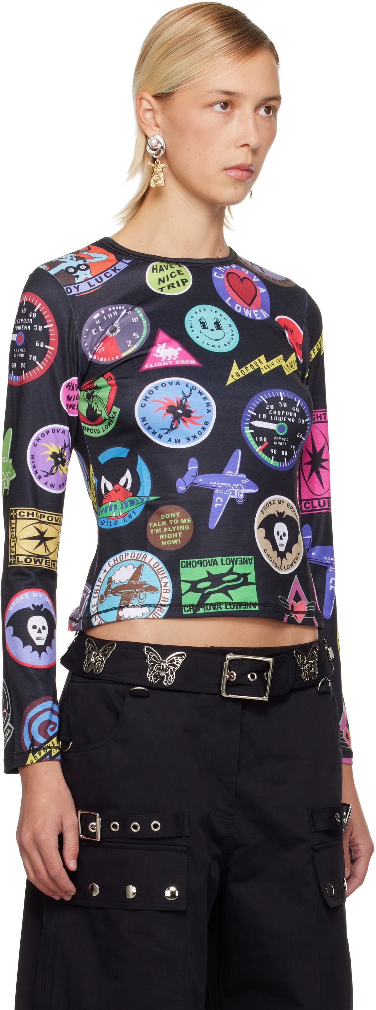 Chopova Lowena Black Patch Print Fitted Jersey T-shirt