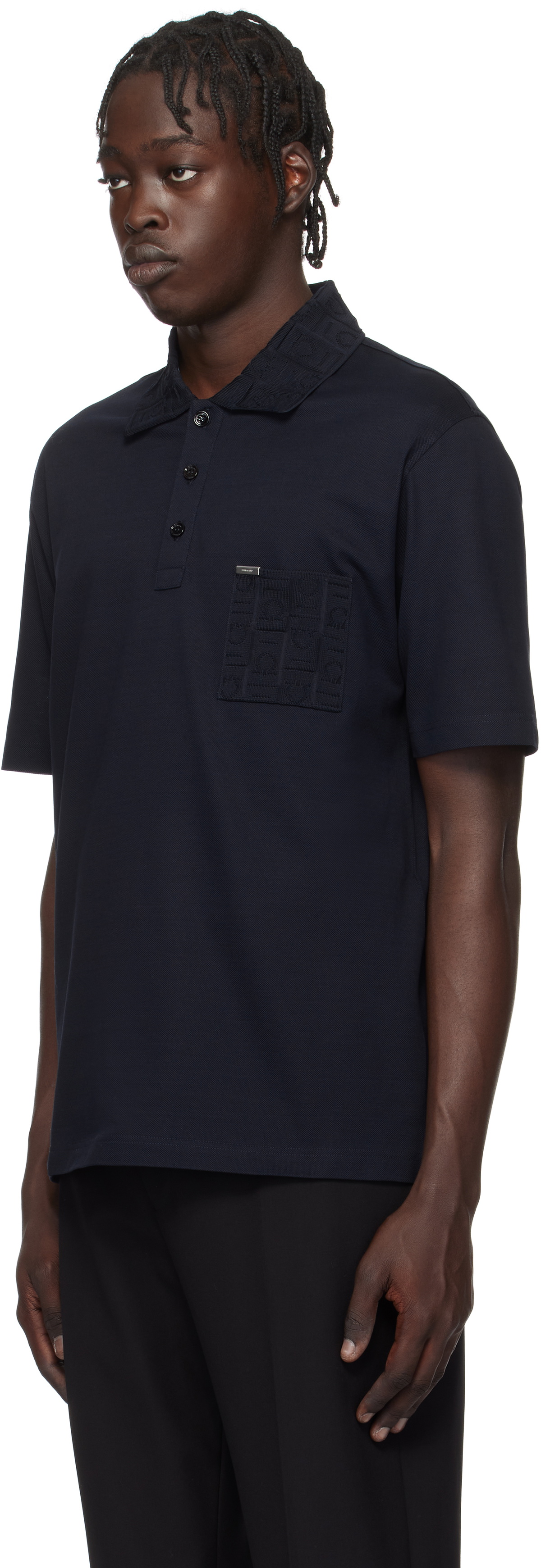 Ferragamo Navy Jacquard Pocket Polo