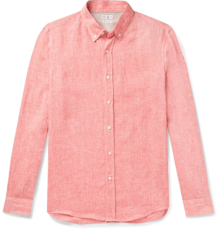 Photo: Brunello Cucinelli - Button-Down Collar Mélange Linen Shirt - Pink