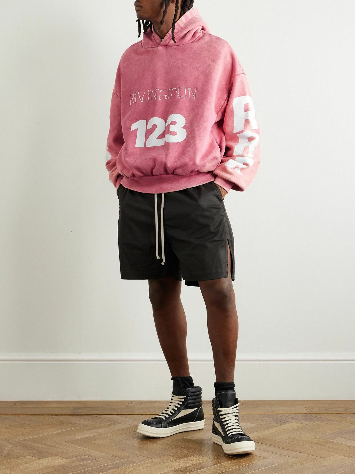 RRR123 - USO-123 Logo-Print Embroidered Cotton-Jersey Hoodie - Pink