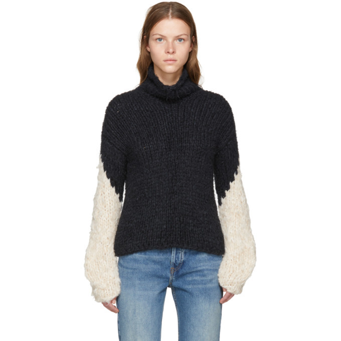 Wendelborn Black and Beige Oversized Chevron Sleeve Turtleneck