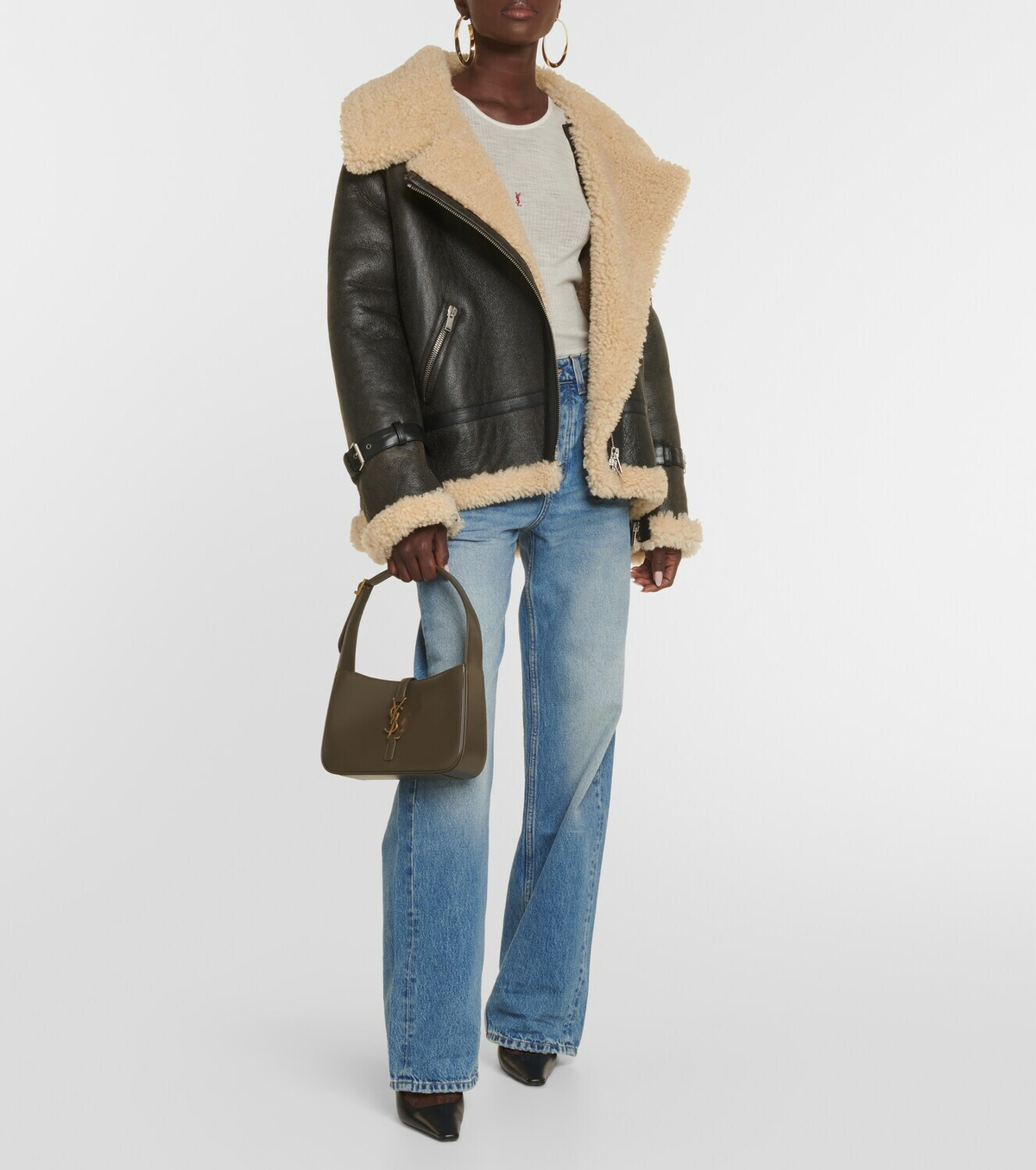 Saint Laurent★素敵！Leather Trim Shearling Jacket Shearling-trimmed leather jacket in brown - Saint Laurent