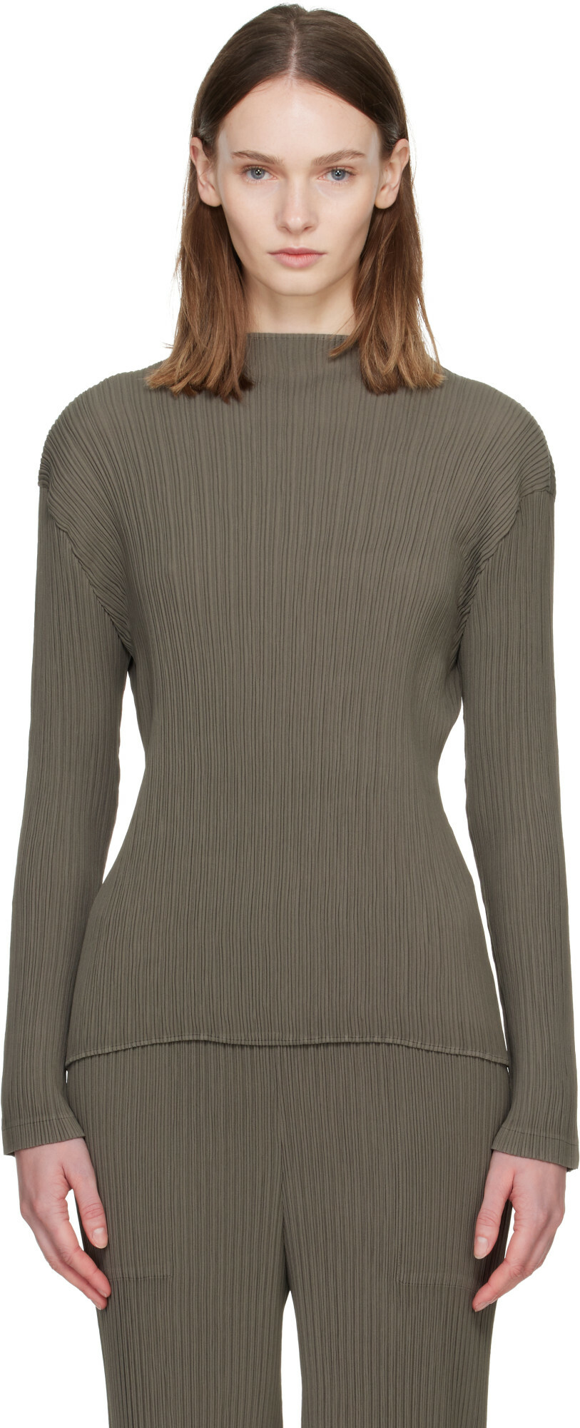 ISSEY MIYAKE Taupe Hatching Pleats Top
