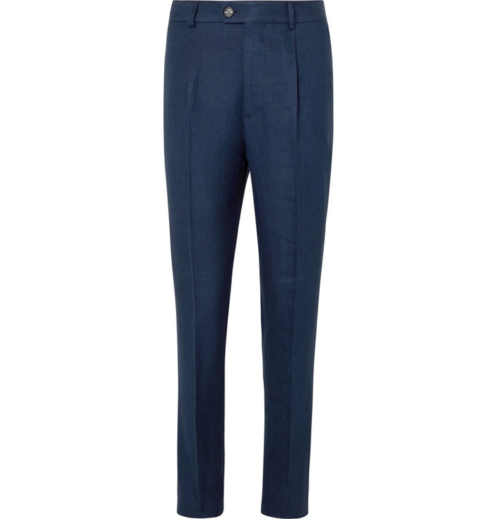 Photo: Brunello Cucinelli - Slim-Fit Tapered Pleated Linen, Wool and Silk-Blend Hopsack Suit Trousers - Blue