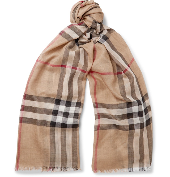 Photo: BURBERRY - Fringed Checked Wool and Silk-Blend Scarf - Neutrals