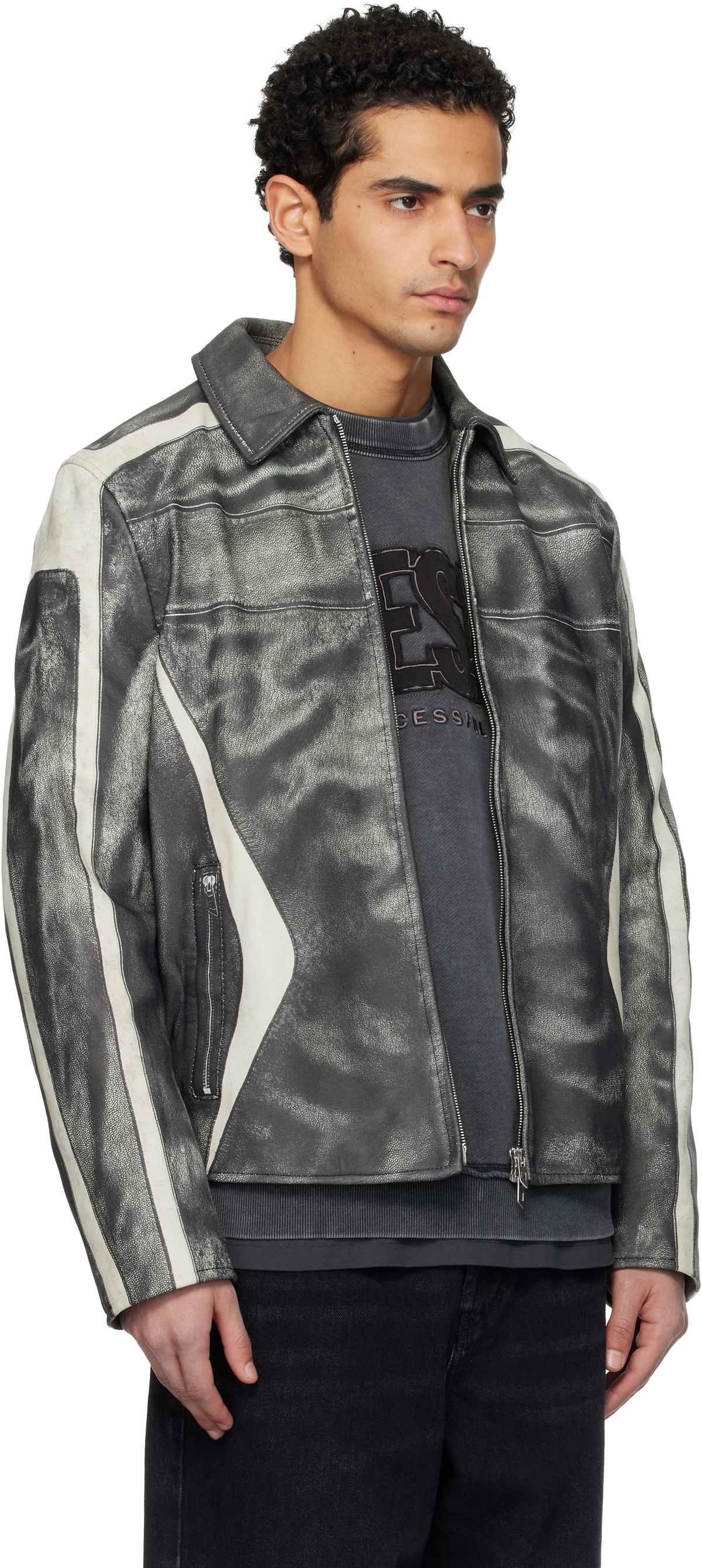Diesel Black & Off-White L-Amar-Enbi Leather Jacket
