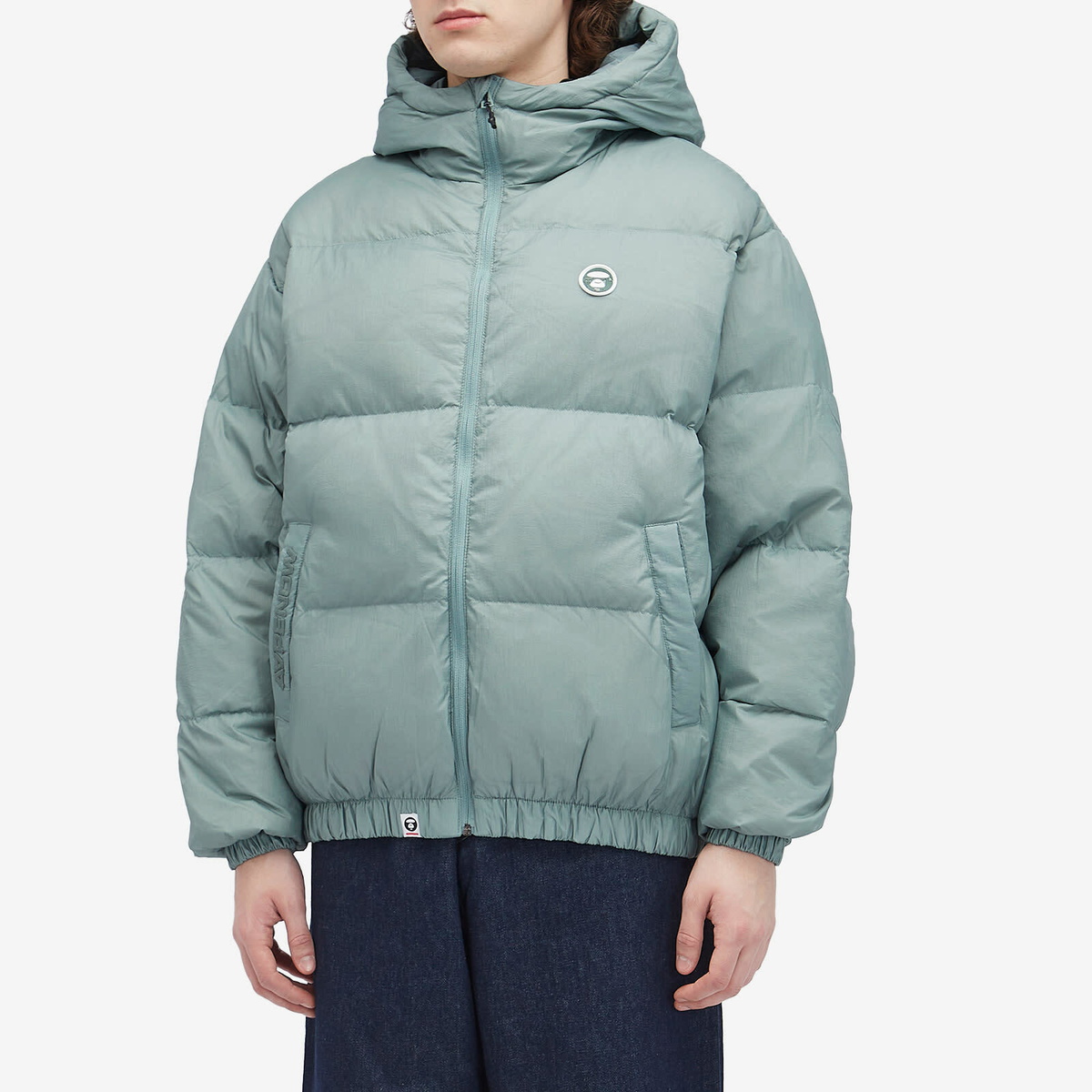 Men's AAPE Now Camo Badge Hooded Down Jacket in Green