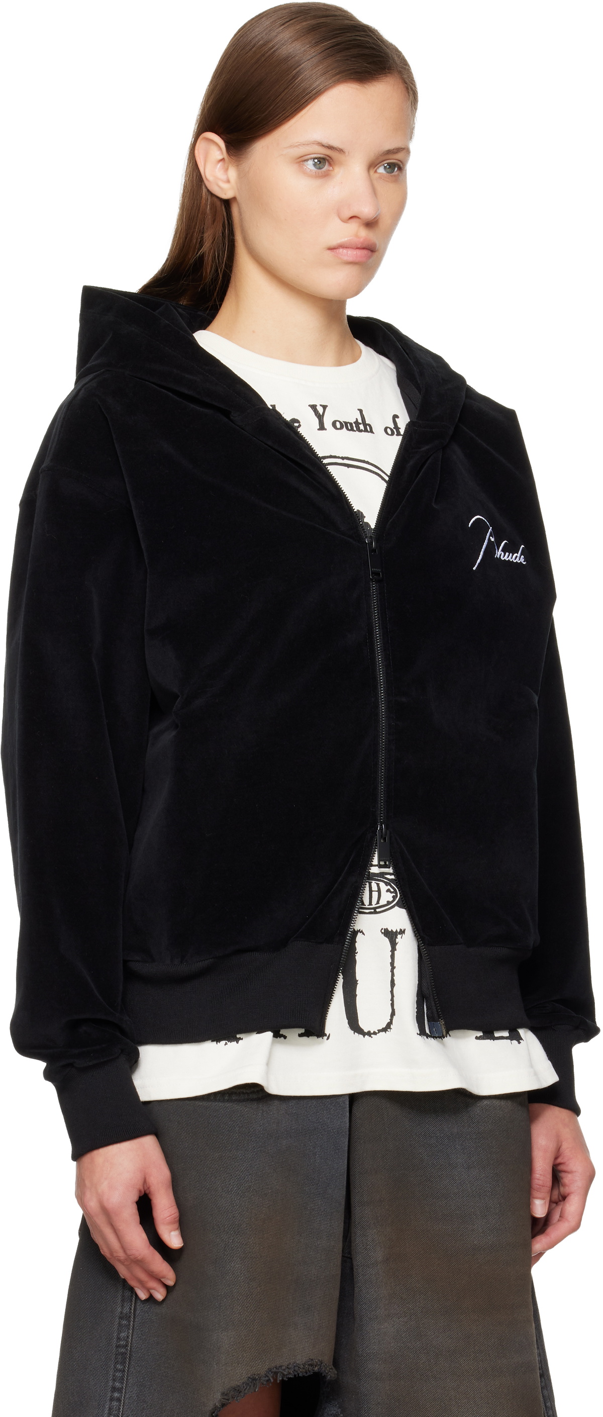 Rhude Black Velour Classique Zip-Up Hoodie