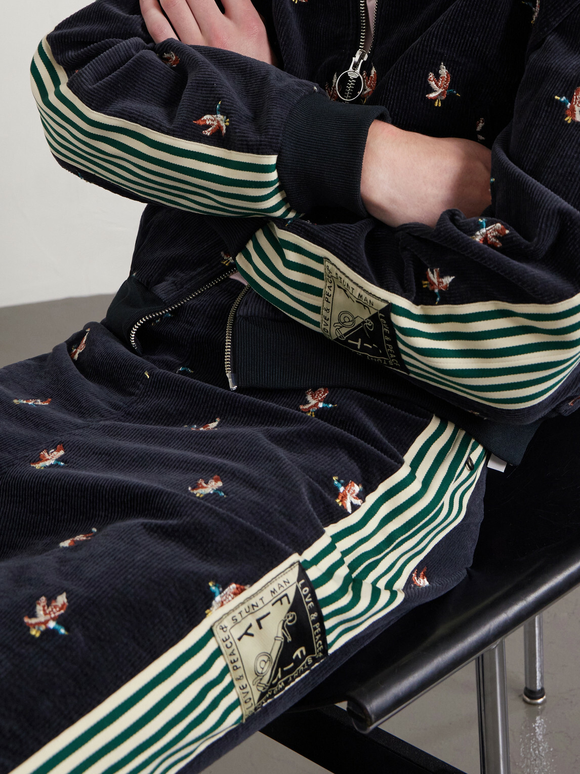 KAPITAL - Cropped Flared Webbing-Trimmed Embroidered Cotton-Blend Corduroy Sweatpants - Black