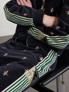 KAPITAL - Cropped Flared Webbing-Trimmed Embroidered Cotton-Blend Corduroy Sweatpants - Black