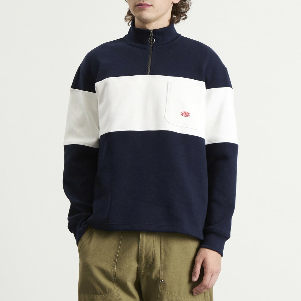 Armor-Lux Men's Stripe Half Zip Sweatshirt in Marine Deep/Milk