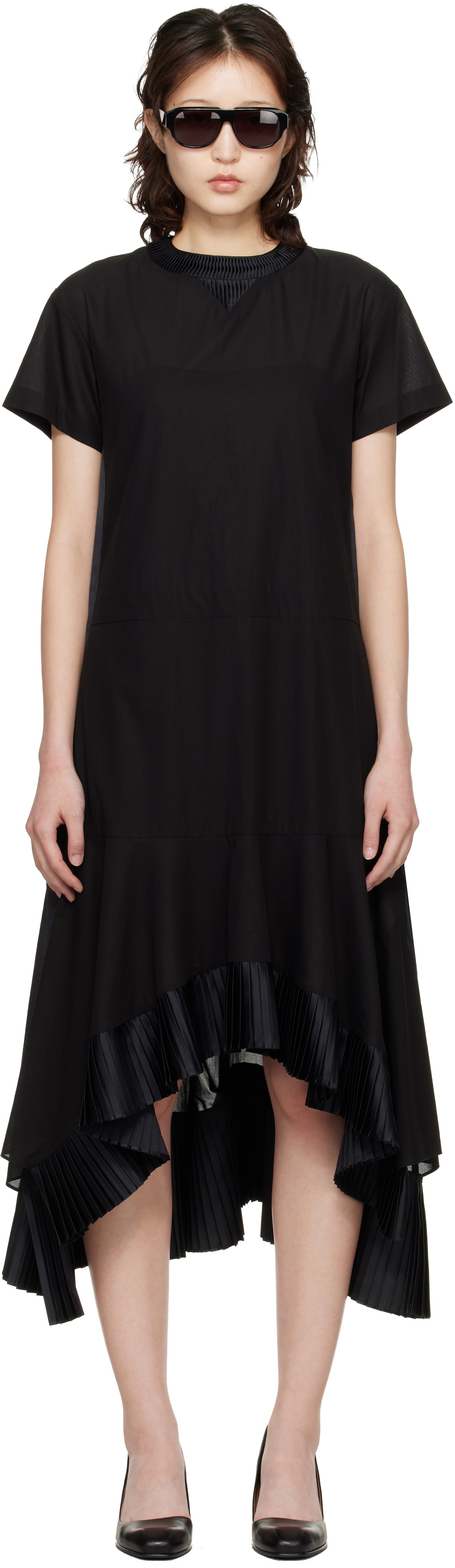 sacai Black Cotton Broadcloth Midi Dress