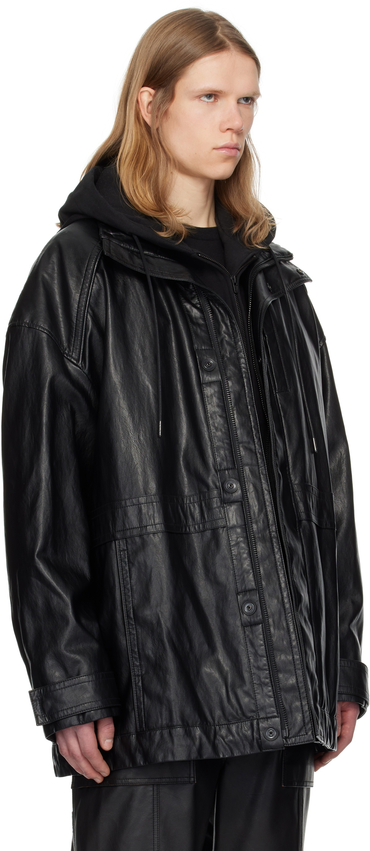 Juun.J Black Hood Detachable Car Faux-Leather Coat