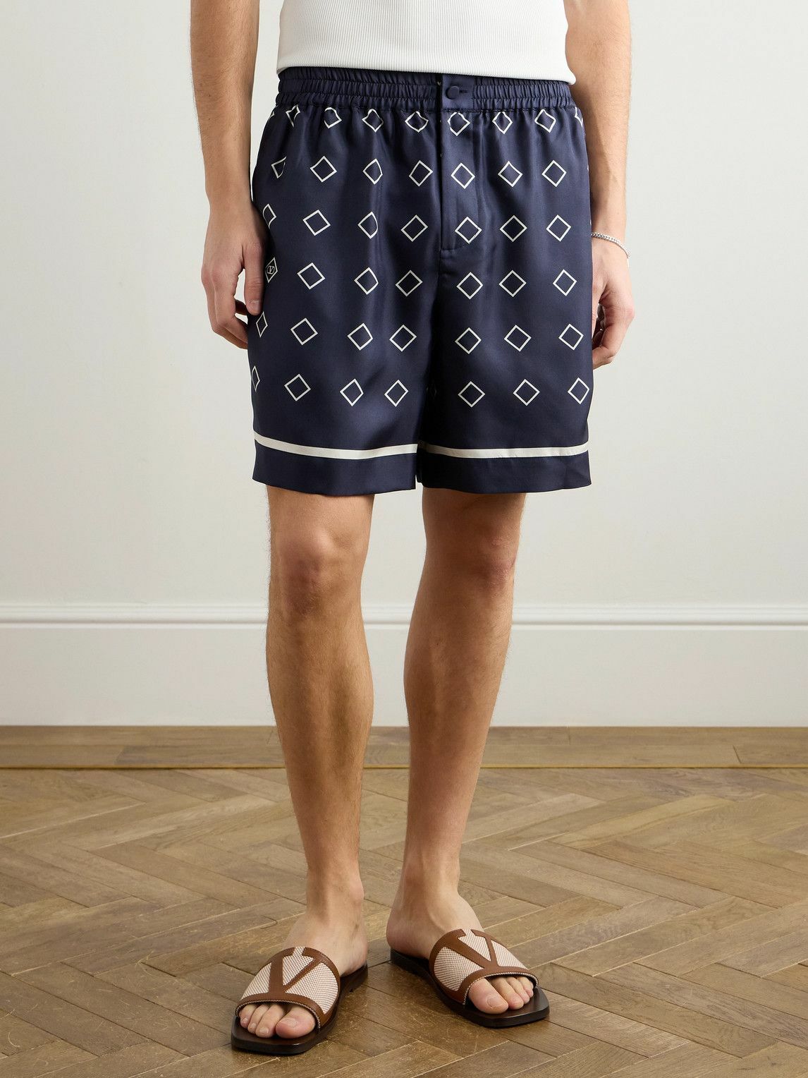 Valentino Garavani - Straight-Leg Printed Silk-Twill Shorts - Blue