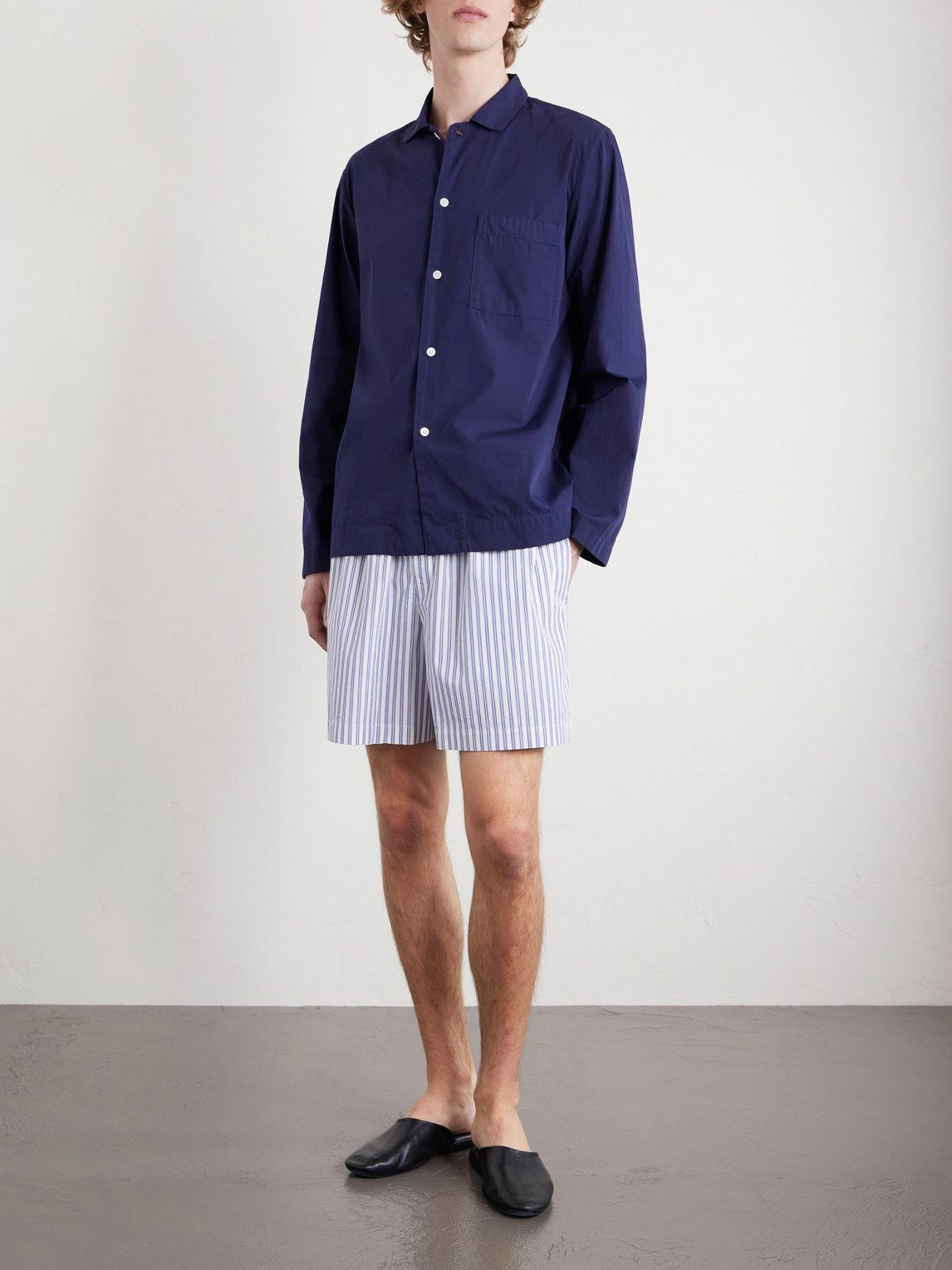TEKLA - Straight-Leg Striped Organic Cotton-Poplin Shorts - Blue