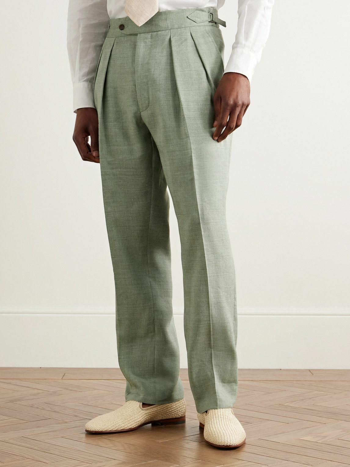 Richard James - Hepworth Straight-Leg Pleated Herringbone Linen and Wool-Blend Suit Trousers - Green