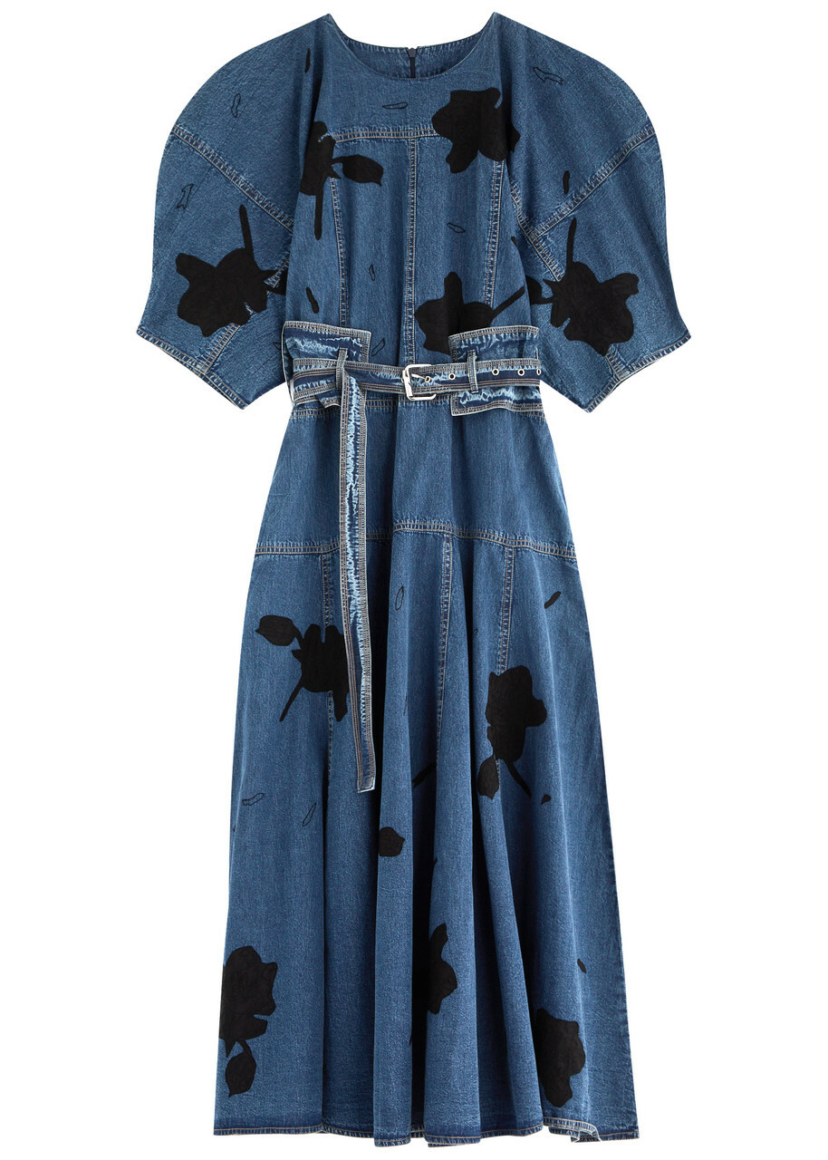 Lovebirds Floral-appliqued Belted Denim Midi Dress Blue