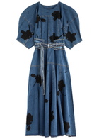 Lovebirds Floral-appliqued Belted Denim Midi Dress Blue