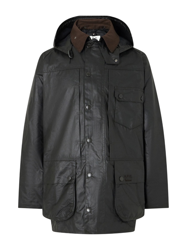 Photo: Barbour - A.P.C. Logo-Embroidered Moleskin-Trimmed Woven Waxed-Cotton Jacket - Green