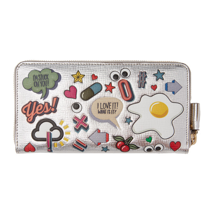 Anya Hindmarch Silver Large All Over Wink Stickers Zip Around