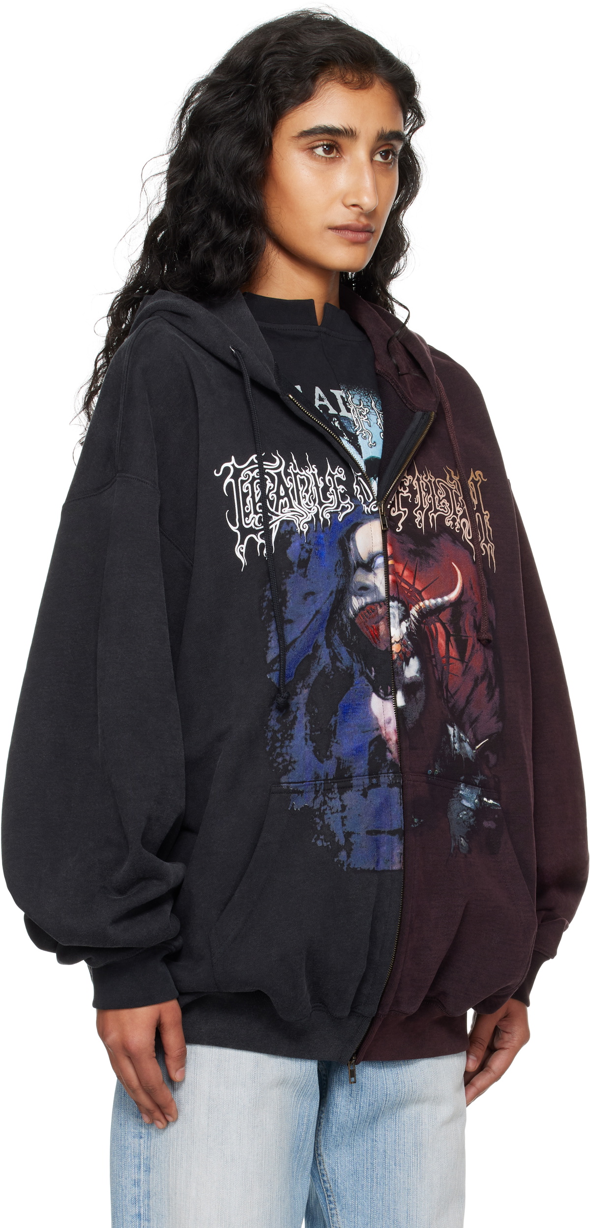 VETEMENTS Black & Burgundy Cradle of Filth Cut-Up Oversized Zip-Up Hoodie
