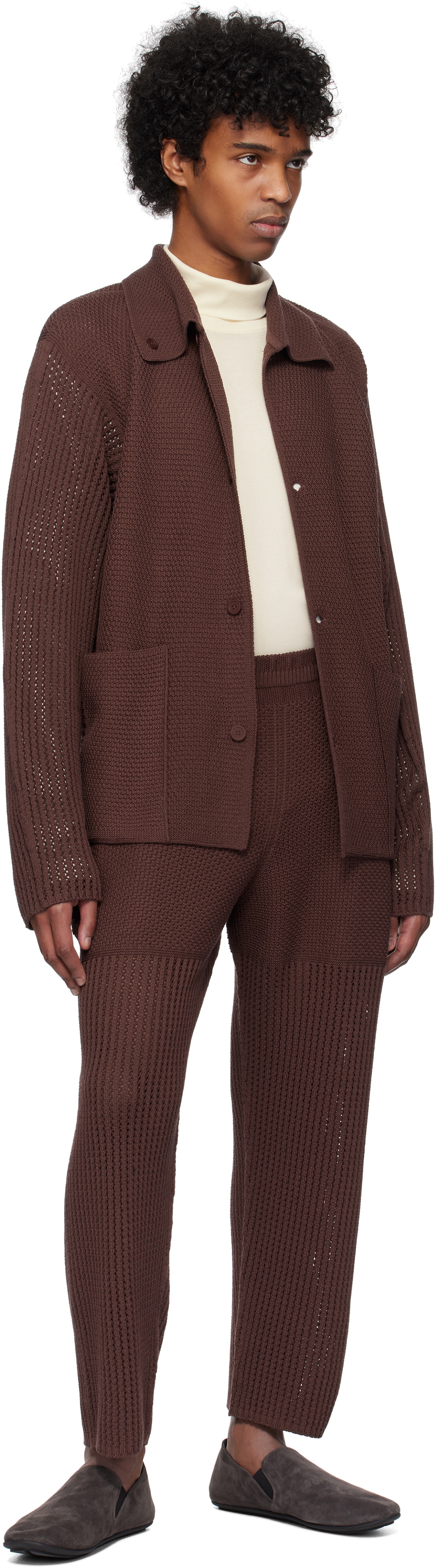 HOMME PLISSÉ ISSEY MIYAKE Brown Rustic Knit Cardigan Homme Plisse