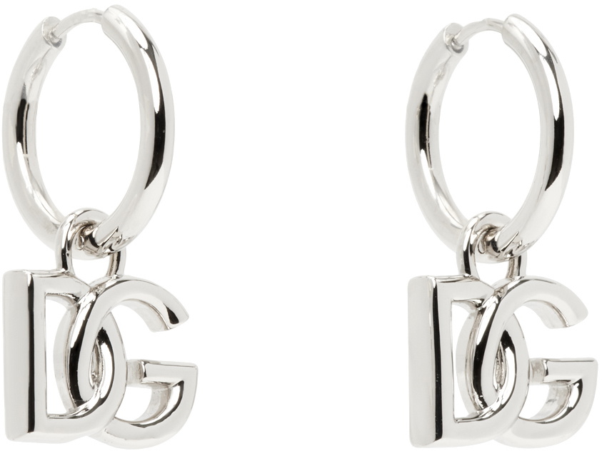 Dolce&Gabbana Silver Hoop 'DG' Logo Pendant Earrings