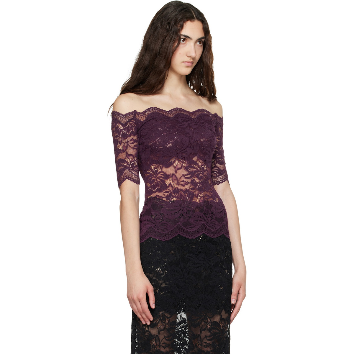 Rabanne Purple Short-Sleeve Layered Lace Top