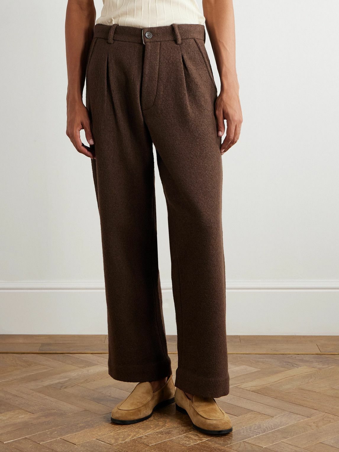 Kartik Research - Straight-Leg Pleated Brushed-Wool Trousers - Brown