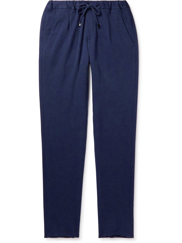 Photo: Thom Sweeney - Slim-Fit Tapered Wool and Cotton-Blend Jersey Trousers - Blue