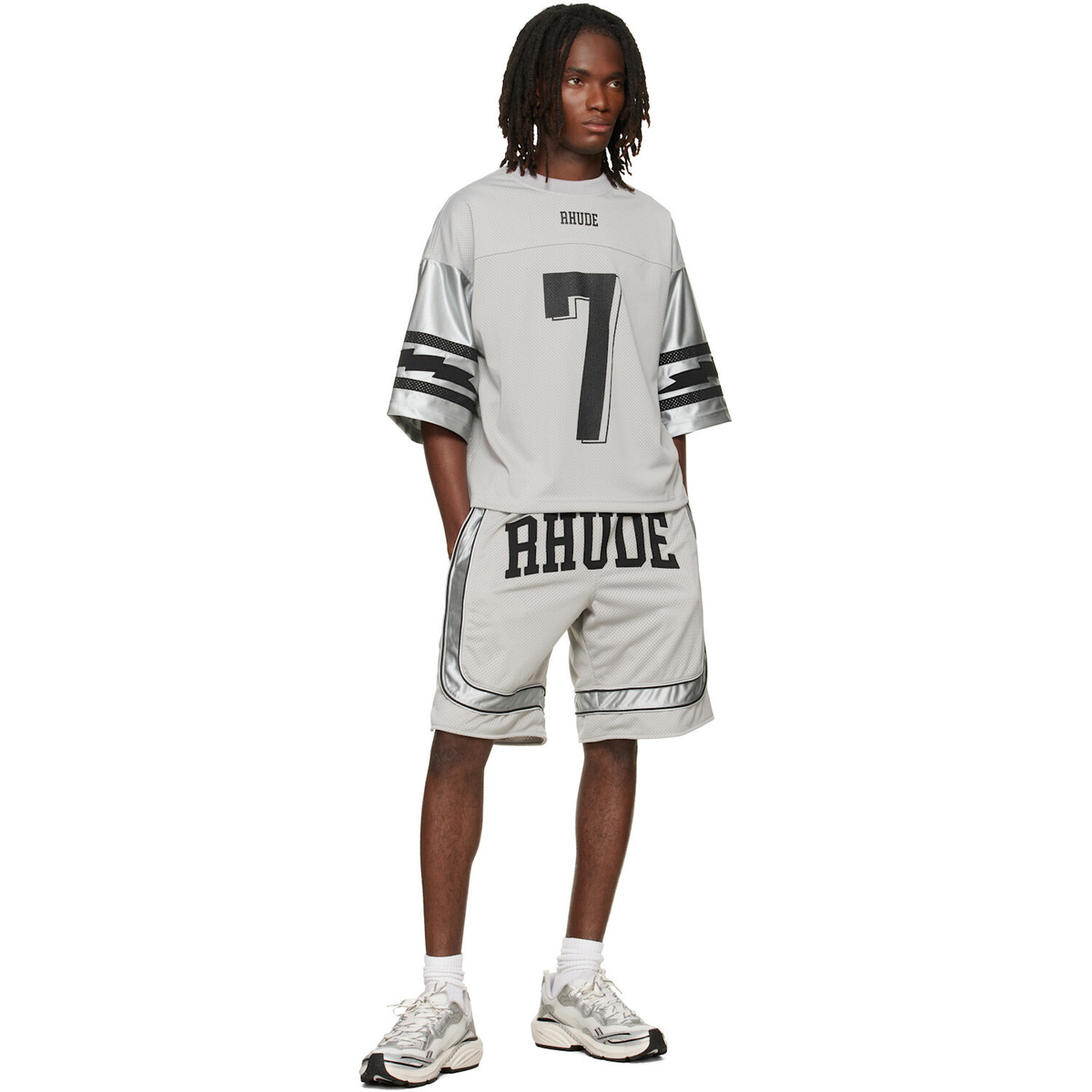 Rhude Gray Baggy Mesh Collegiate Logo Shorts