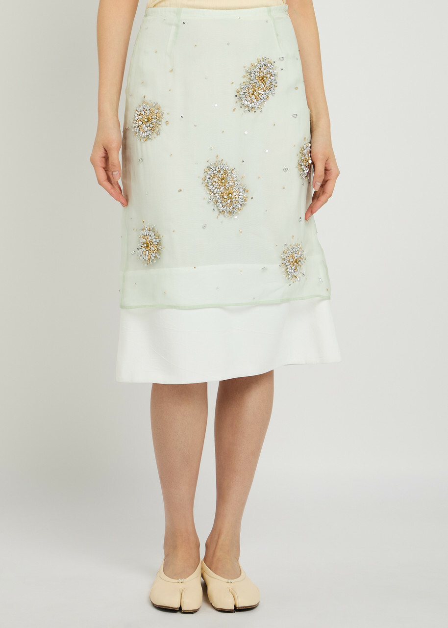 Wales Bonner Triumph Embellished Crepe Midi Skirt Light Green