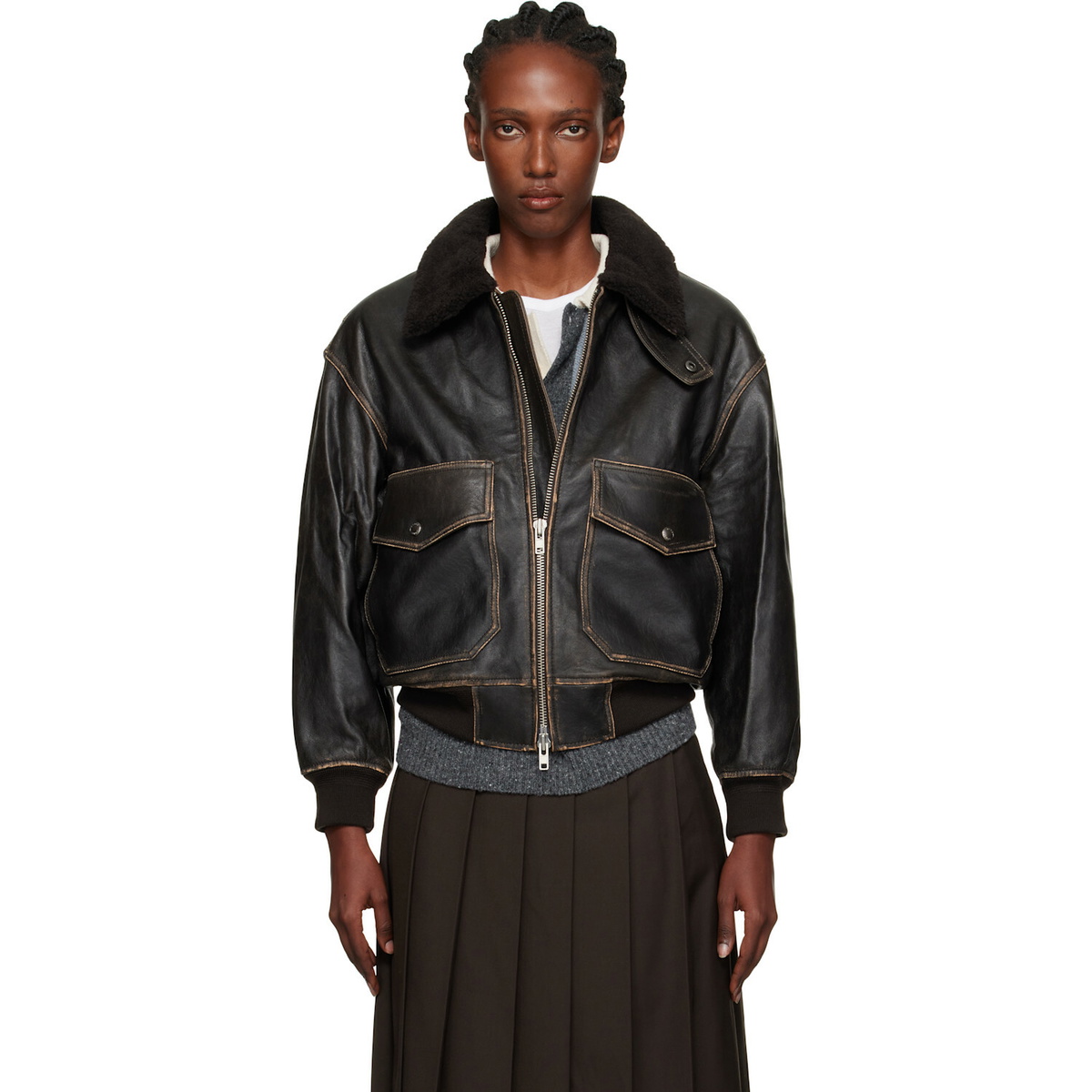 Dunst Brown A-2 Shearling Collared Leather Jacket