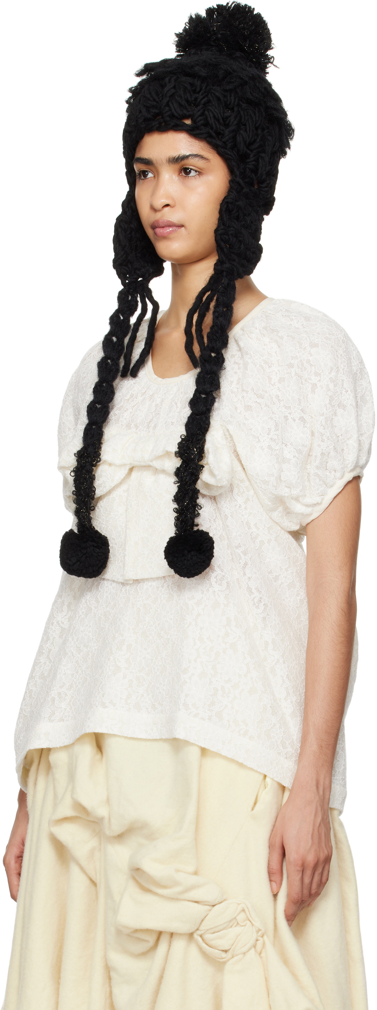 Tao Comme Des Garçons Black Wool Mix Crochet Beanie