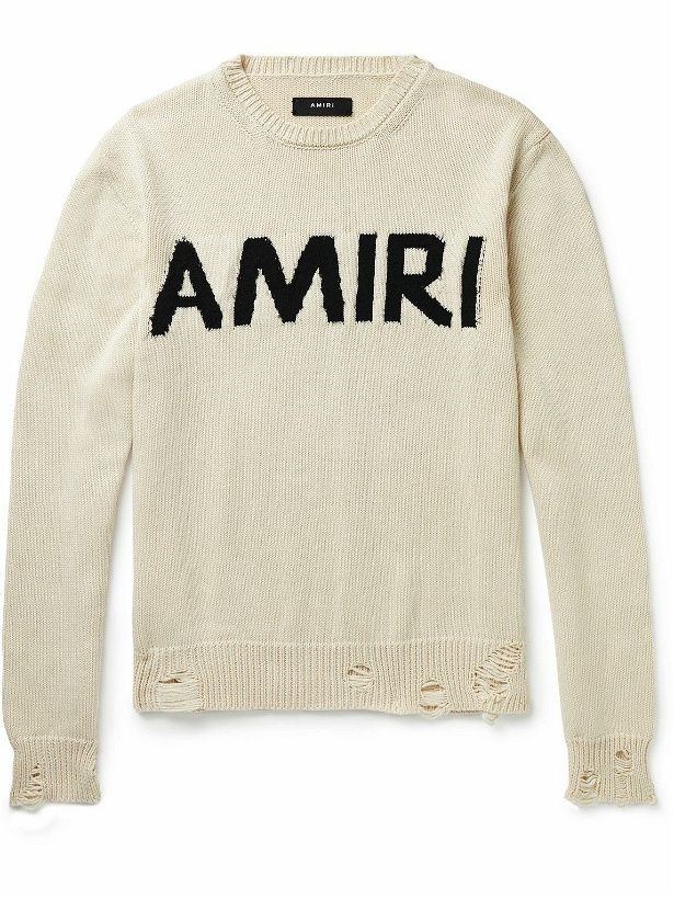Photo: AMIRI - Distressed Logo-Intarsia Cotton and Cashmere-Blend Sweater - Neutrals