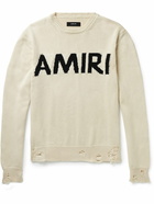 AMIRI - Distressed Logo-Intarsia Cotton and Cashmere-Blend Sweater - Neutrals