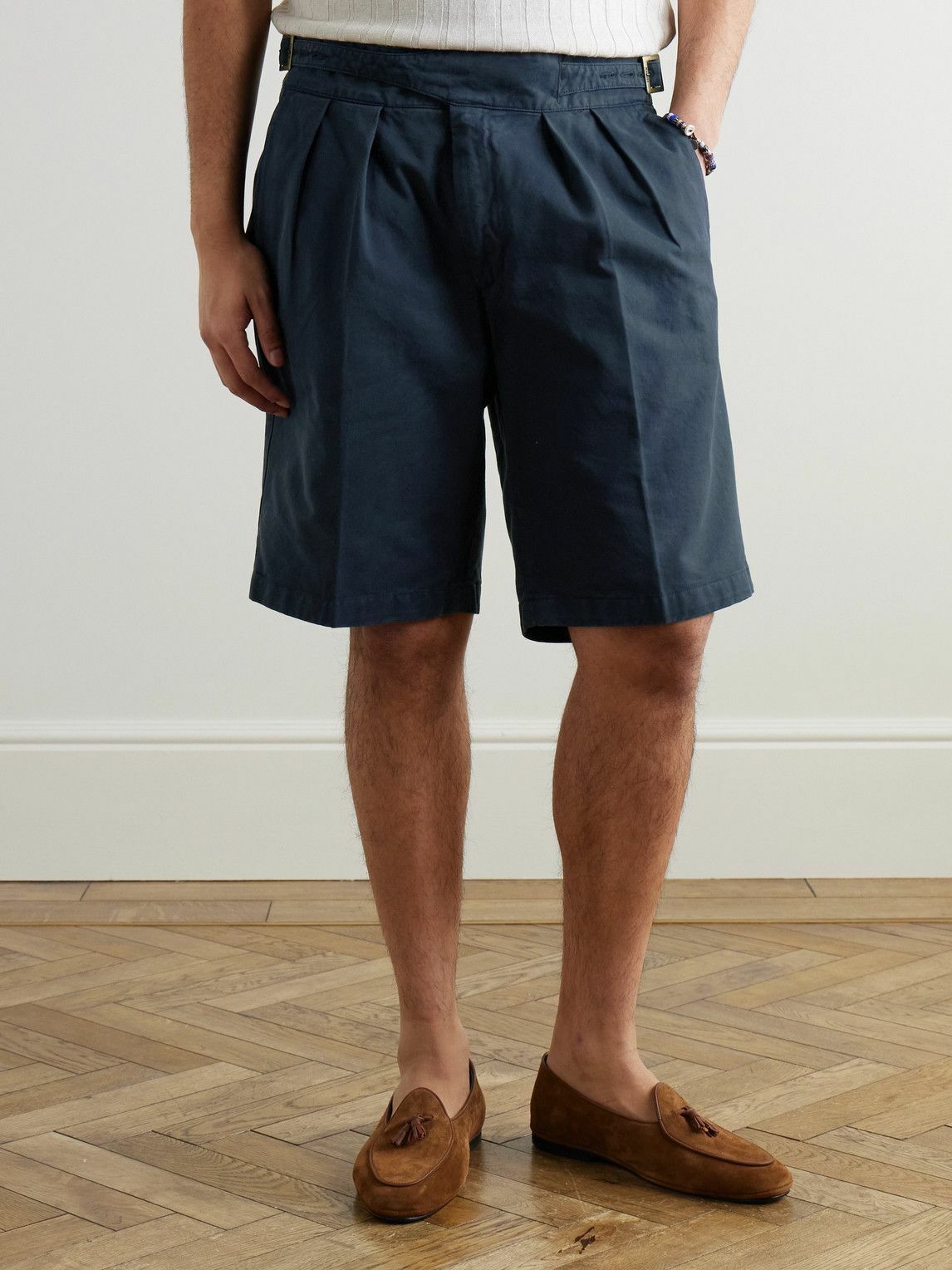 Rubinacci - Manny Straight-Leg Pleated Cotton Shorts - Blue