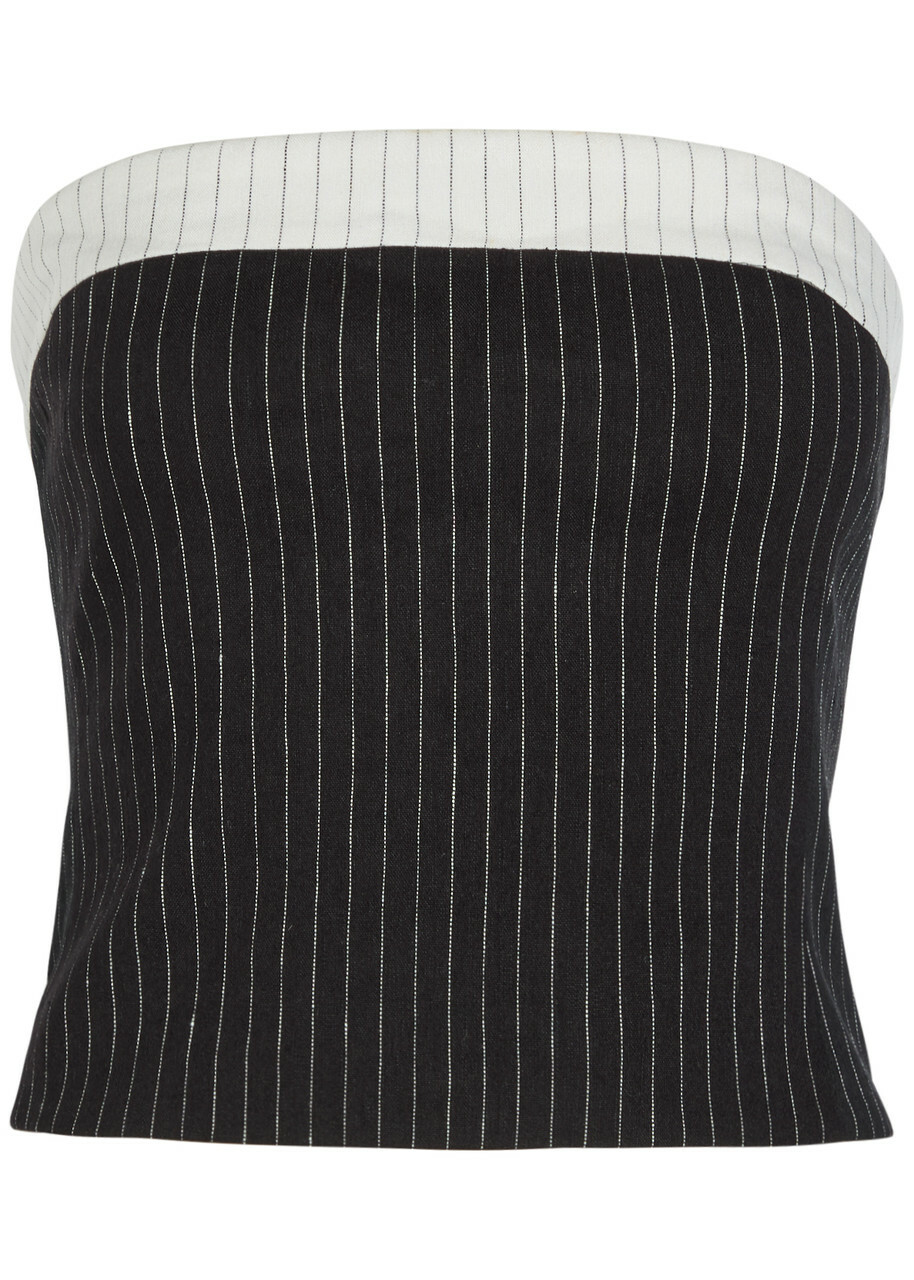 Alice + Olivia Kelly Pinstriped Strapless Linen-blend top Black And White