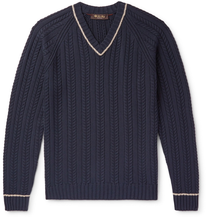 Photo: Loro Piana - Striped Cable-Knit Cotton and Silk-Blend Sweater - Blue