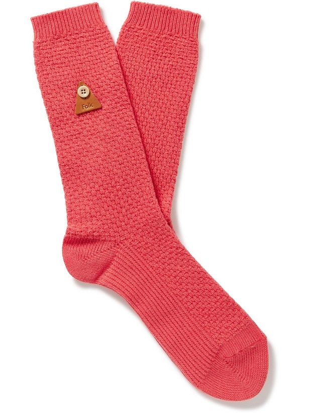 Photo: Folk - Logo-Appliquéd Waffle-Knit Stretch Organic Cotton-Blend Socks - Pink